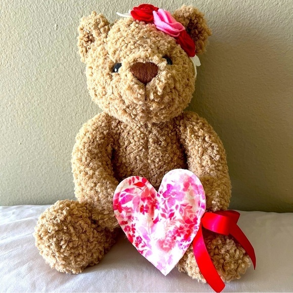 Teddy Bear Valentine’s Day Heart Bow Love Bear Brown Red Toy Fur Stuffed Animal - Picture 4 of 8